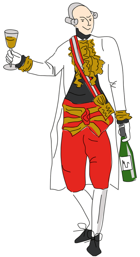 Illustration von Kaiser Joseph II. mit Weinglas und Flasche