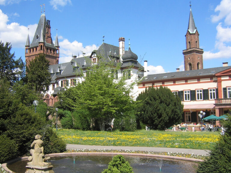Teilansicht des Weinheimer Schlosses mit Park und Brunnen davor. Gelbe Blümchen auf der Wiese.