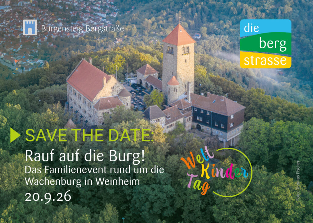 Luftbild der Wachenburg in Weinheim mit Hinweistext zur Veranstaltung Rauf auf die Burg