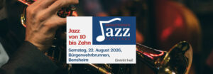 Ein Werbeplakat für die Veranstaltung Jazz von 10 bis Zehn in Bensheim. Im Hintergrund eine Trompete bei stimmungsvollem Licht
